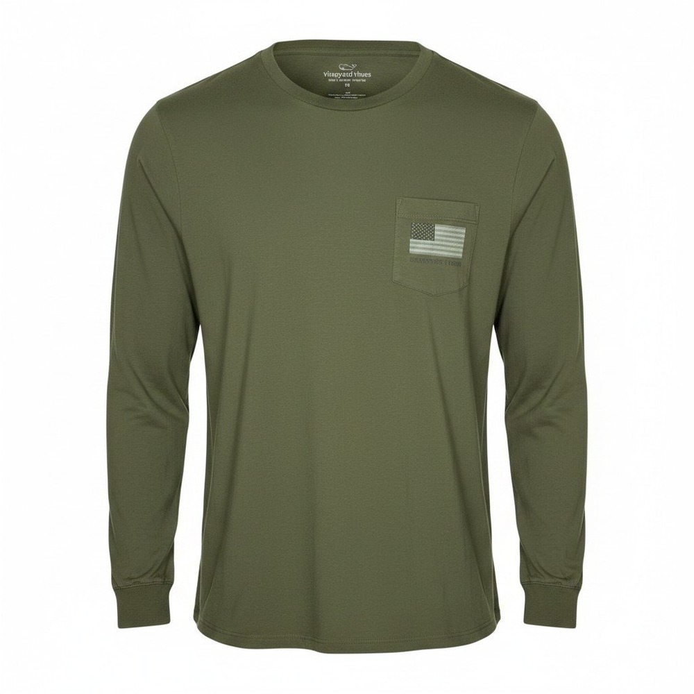 Vineyard Vines Mens Olive Green American Flag Long Sleeve Pocket T-Shirt M